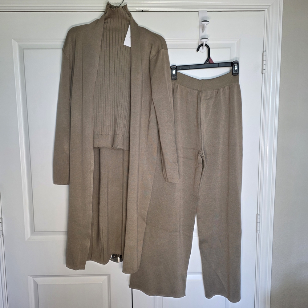 Women’s Taupe Knit Cardigan Set - Sweater, Top & Pants - Picture 3 of 11